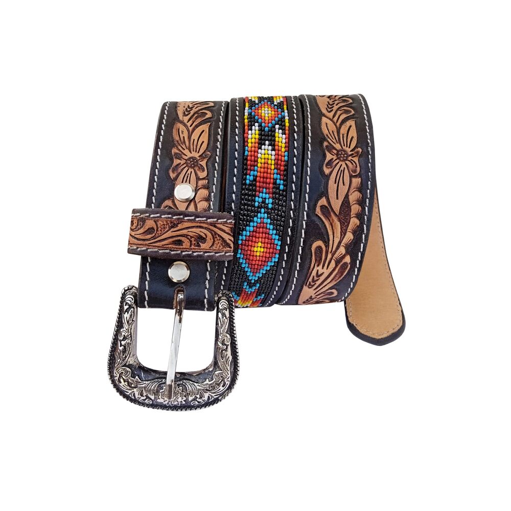 3626 Western Beaded Belts For Young Adults Tooled Leather Heavy Duty - Picture 3 of 7